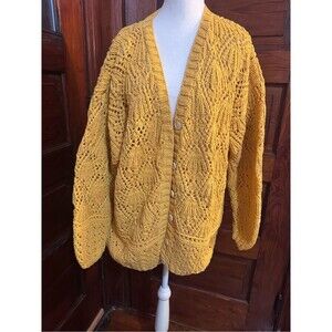 Vintage Gap 100% Cotton Mustard Yellow Hand-Knit Lace Cardigan | Medium